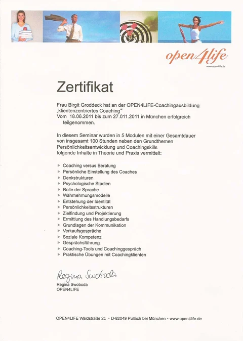 OPEN4LIFE-Zertifikat für Birgit Groddeck über die erfolgreiche Teilnahme an der Ausbildung in klientenzentriertem Coaching