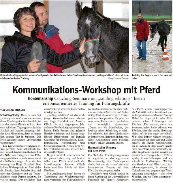 Zeitungsausschnitt mit der Überschrift Kommunikations-Workshop mit Pferd